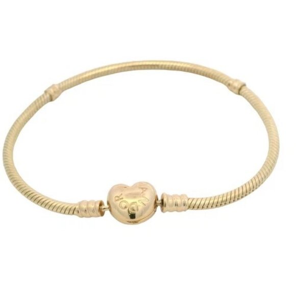 Pandora Solid 14kt Yellow Gold Heart Clasp Charm Snake Bracelet With Stoppers 8" - Picture 7 of 11